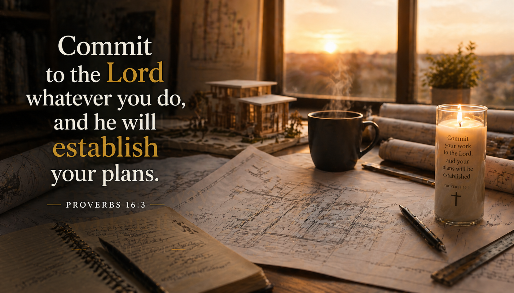 Architect blueprints on desk with prayer candle burning — Commit to the Lord whatever you do Bible verse wallpaper